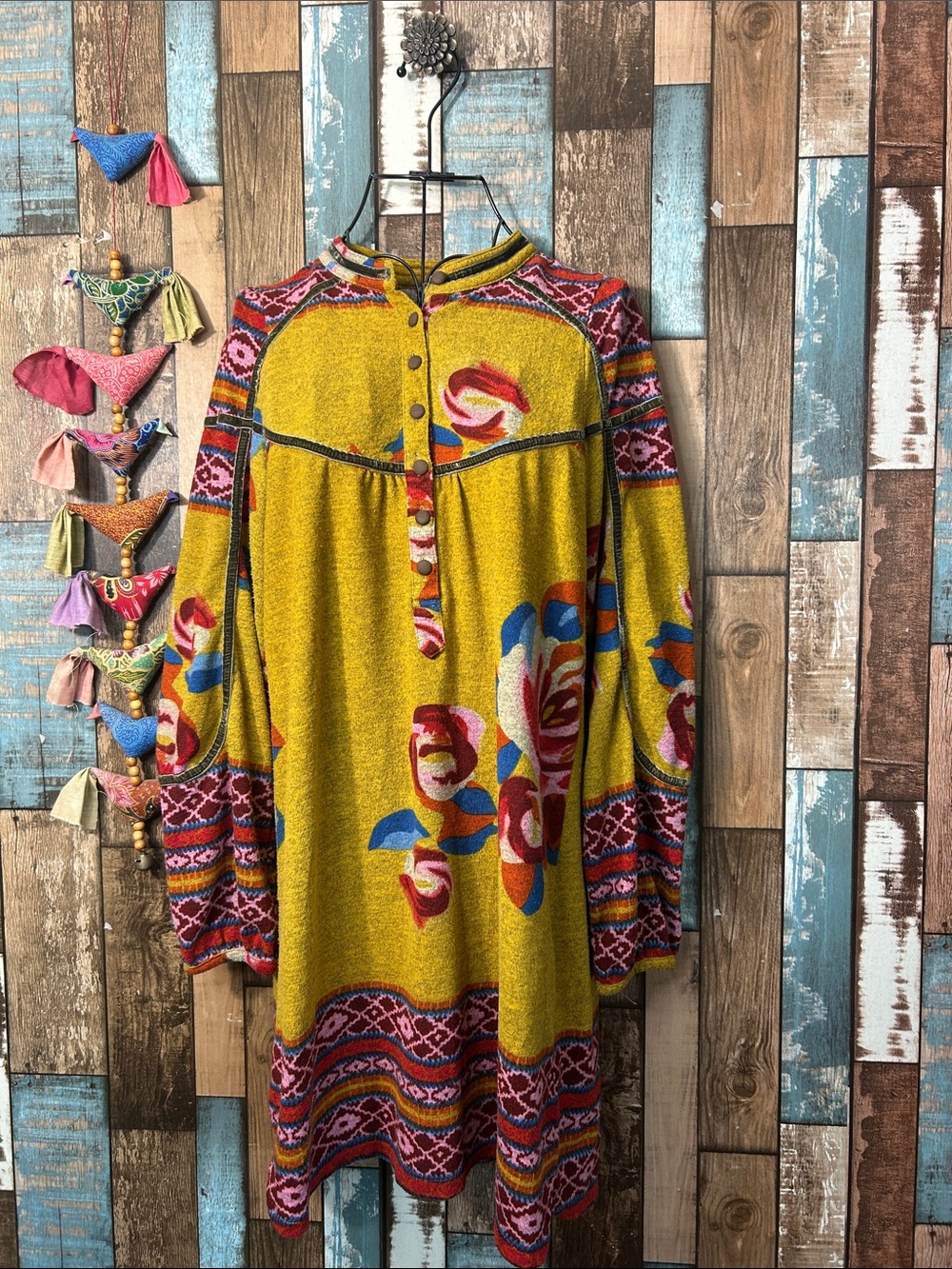 Women’s Mustard Floral Tunic Dress with Pink & Blue Accents